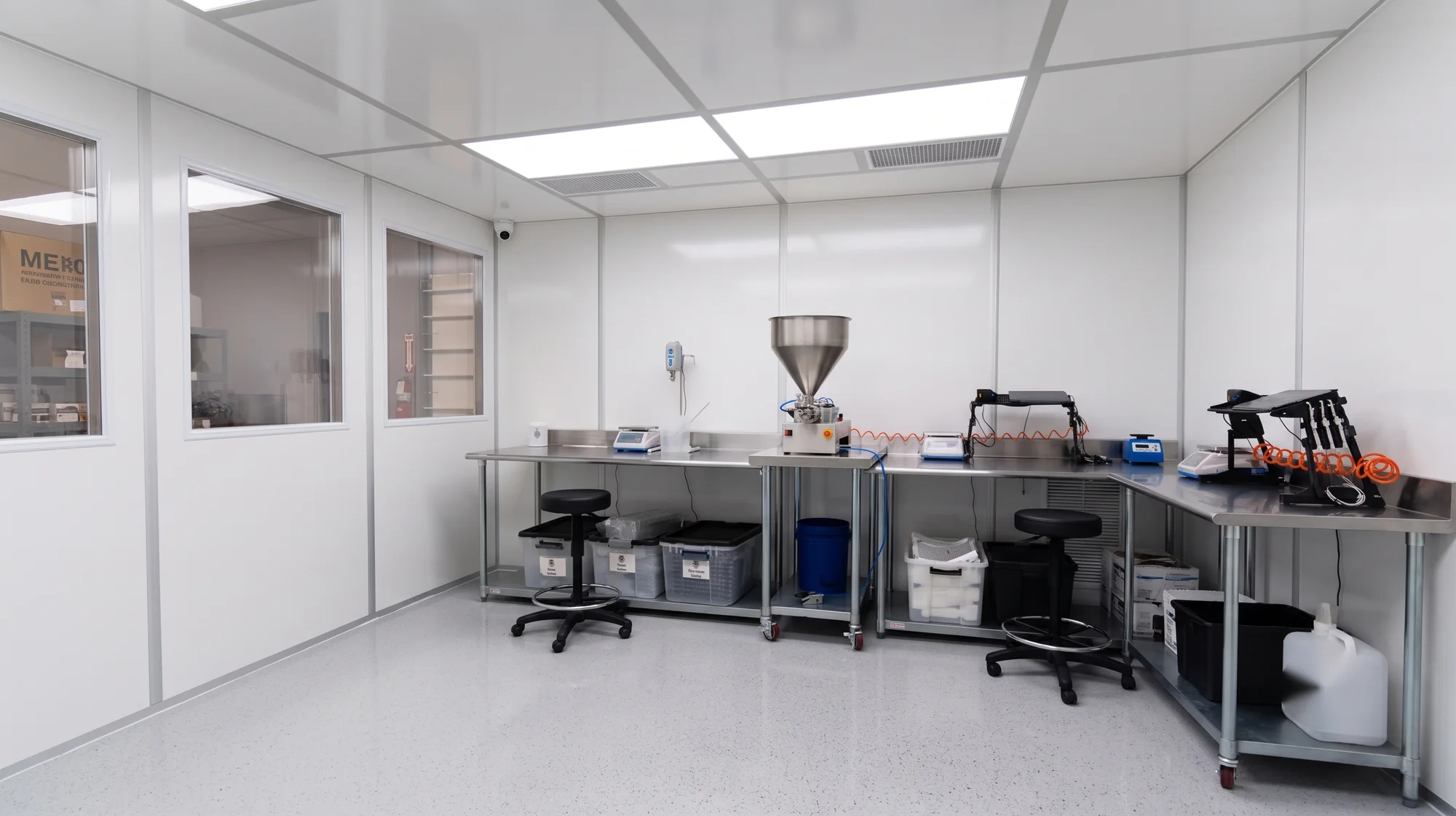 Empty cleanroom production suite with stainless tables and filling equipment