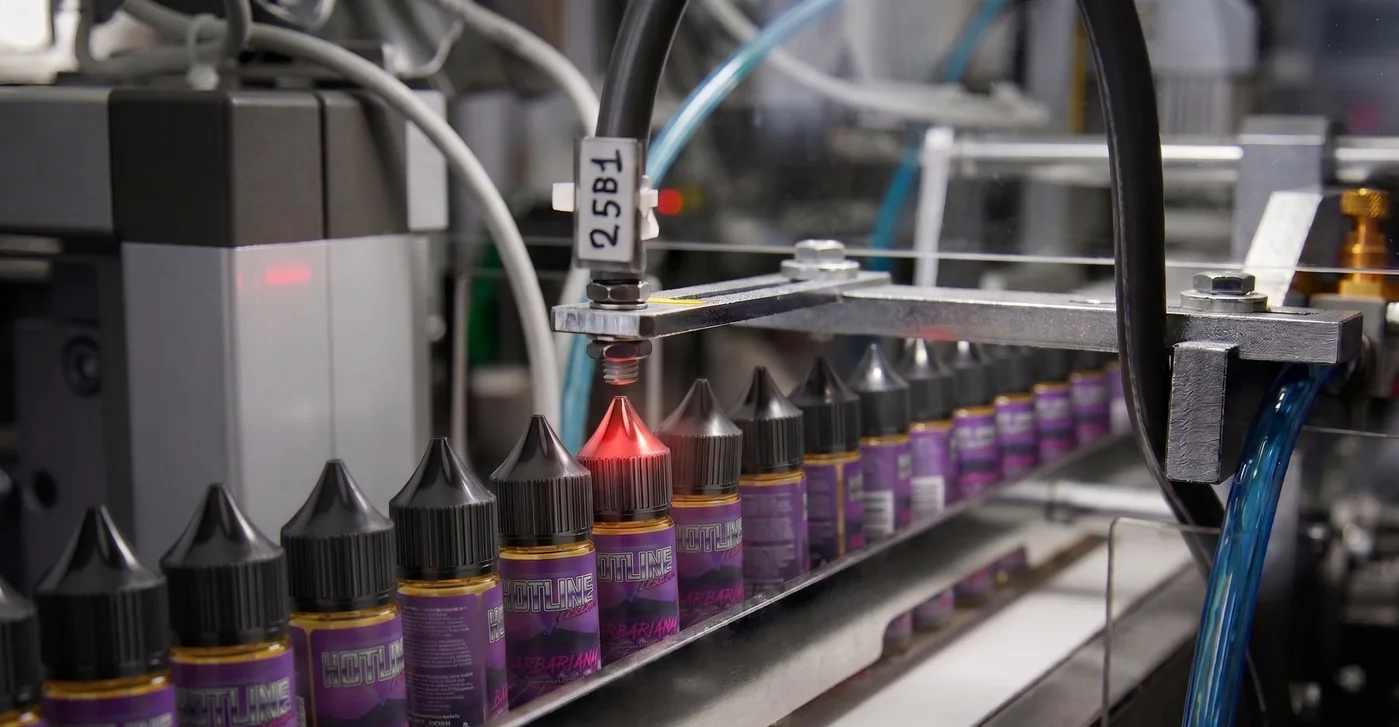 HOTLINE brand bottling line with laser date-code marking arm