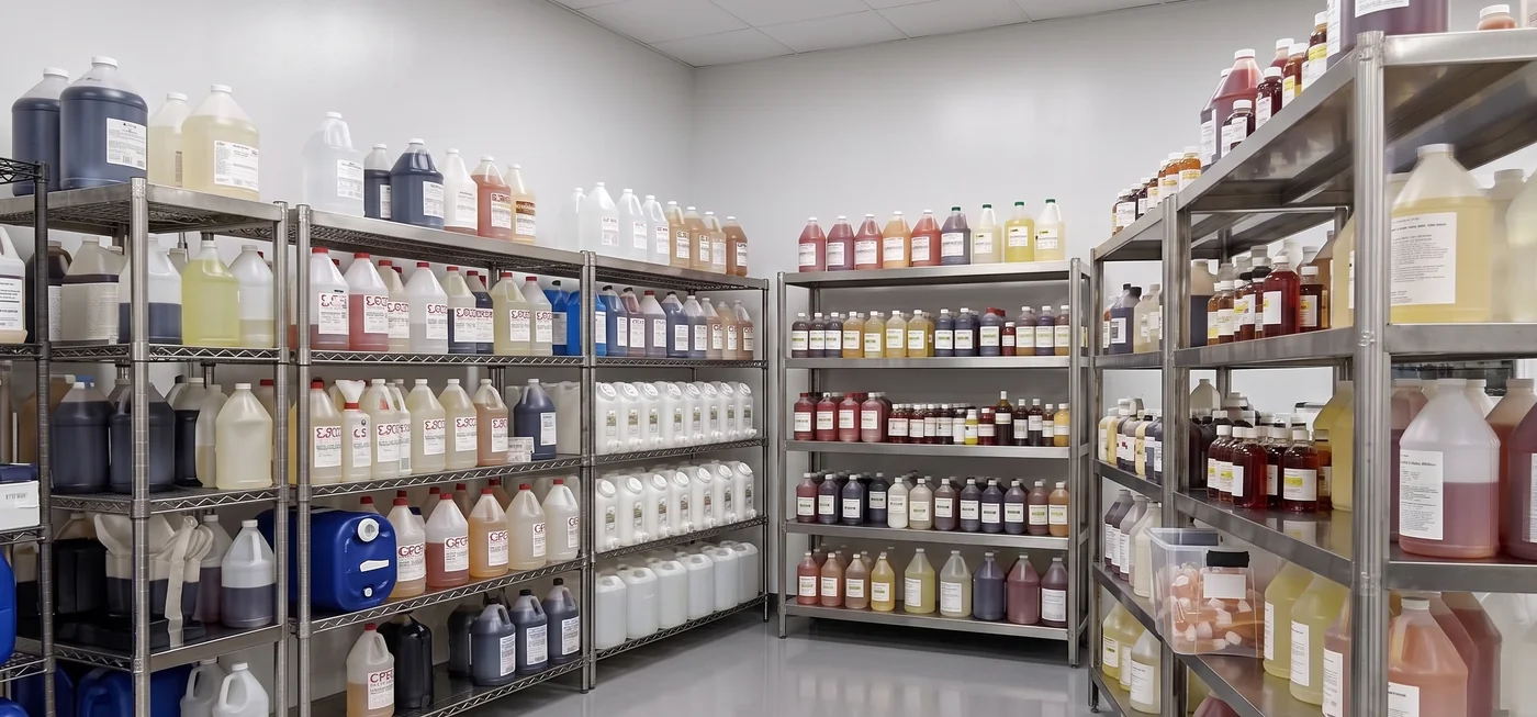 Raw material storage shelving with labeled concentrate jugs